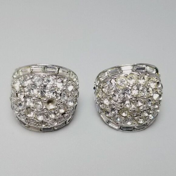 Vintage Kramer of NY Rhinestone Cluster Half Hoop Huggie Clip On Earrings - Picture 1 of 8